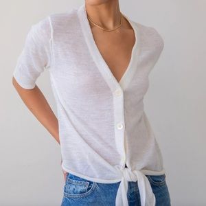 White + Warren Linen Blend Knit Toe Top Buttons Short Sleeve Ivory White